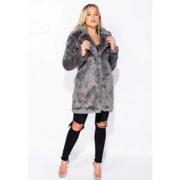 Gray Faux Fur Long Sleeve Collared Coat - Picture 4 of 16
